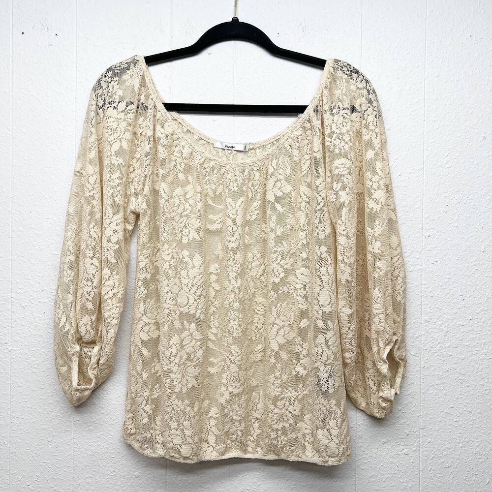 Papaya Puff Sleeve Lace Beige Top Womens Medium Fairy Grunge Boho Chic Festival